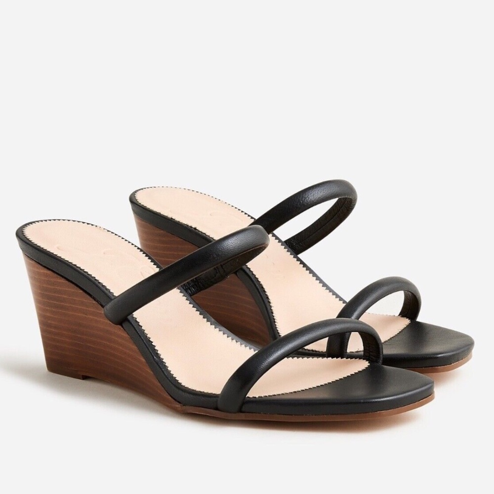 New JCREW Size 9 Double-strap Stacked Wedges in Leather Black